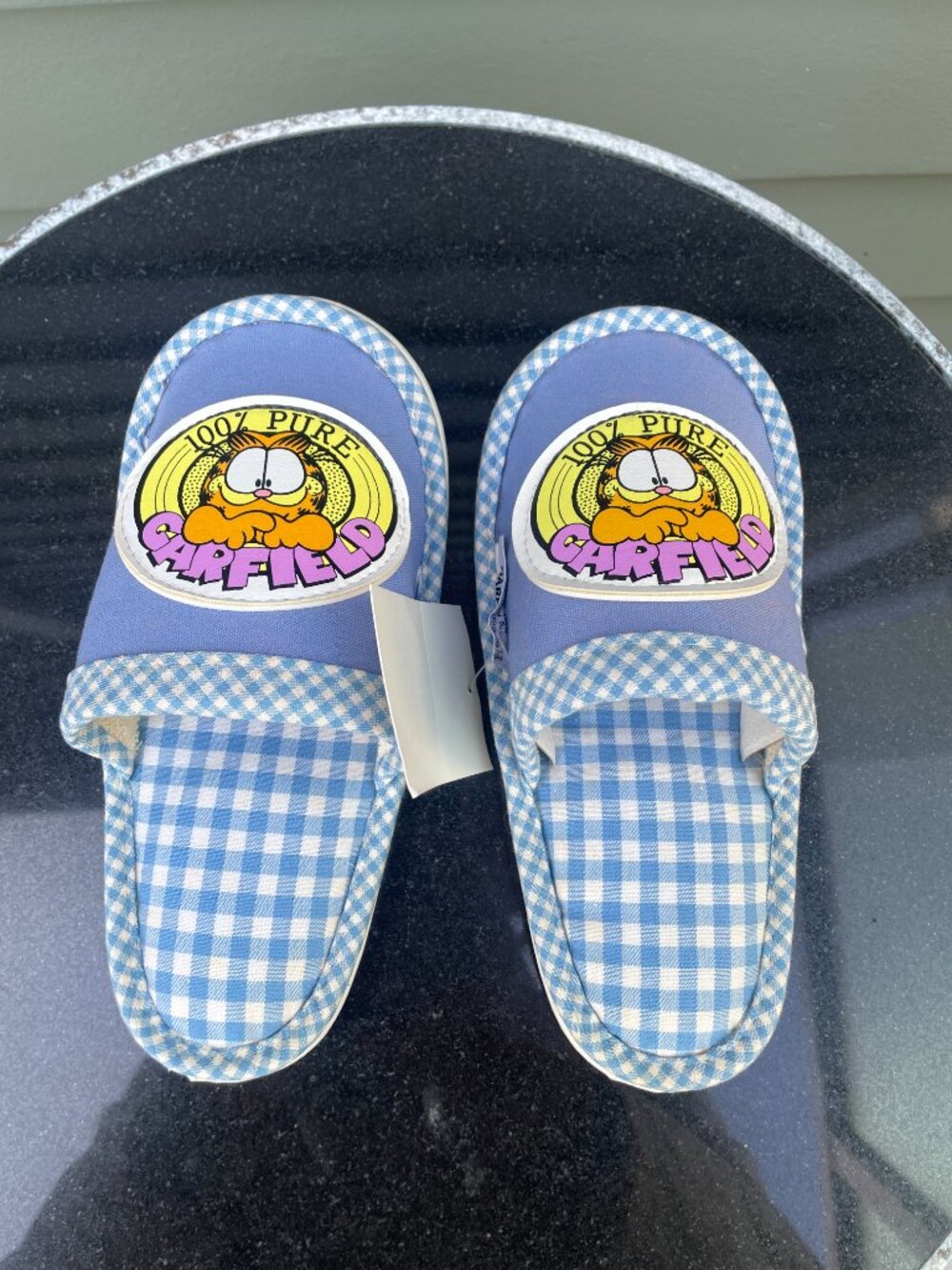 Vtg Garfield 100% Pure Kids Slippers Blue Gingham Made in Japan NOS